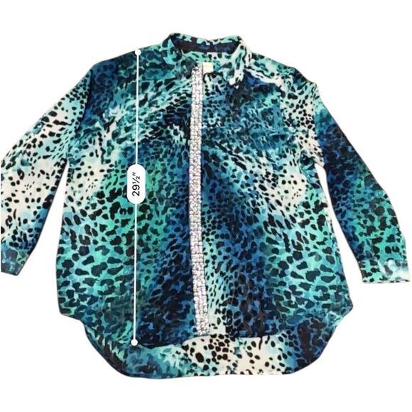 Chico’s Blue & Green Animal Print & Rhinestone Sheer Button Up Size 3, XXL - Picture 6 of 10